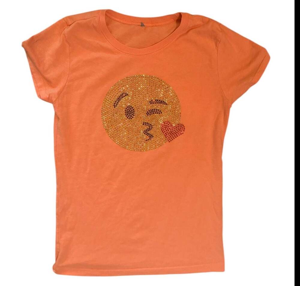 Y2K Orange Rhinestone Emoji Face Tee Women's Small Fitted Graphic T Shirt Blin‎